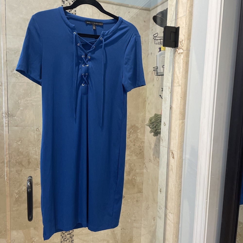 White House Black Market Blue Lace Up Short Sleeve Dress Small
